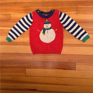 Baby Boden Red Snowman Sweater with Striped Sleeves